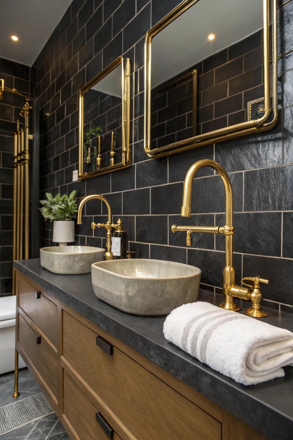 Metallic accents bring warmth and glamour to moody bathrooms.