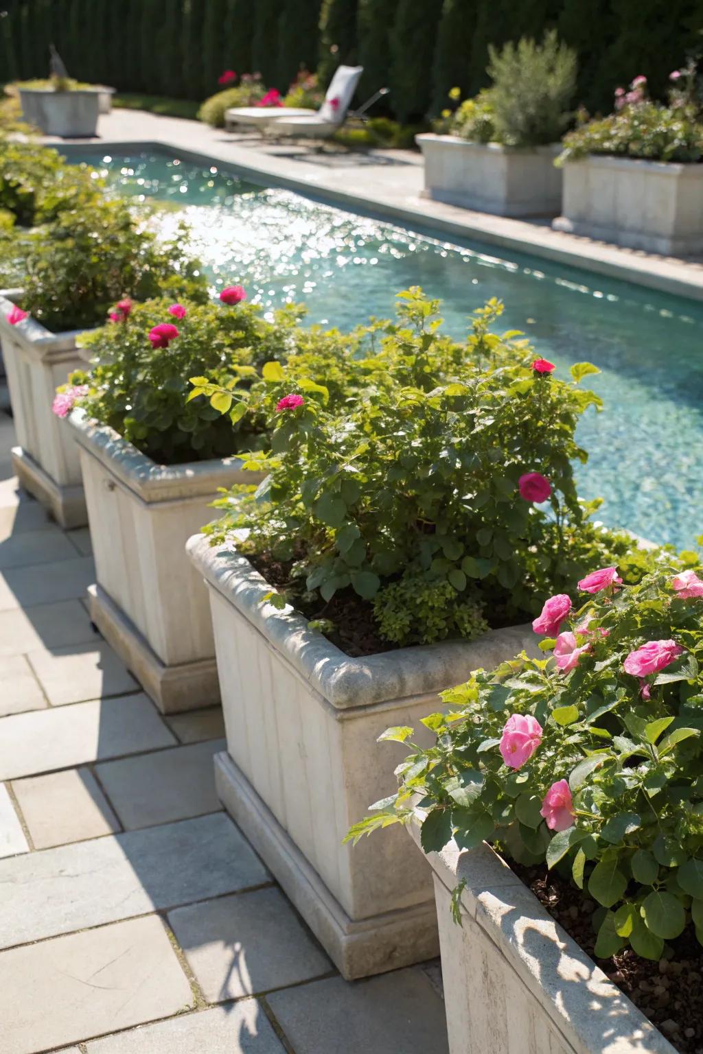 Sun jewels bestow a tropic vibe upon poolside botanical arrangements.