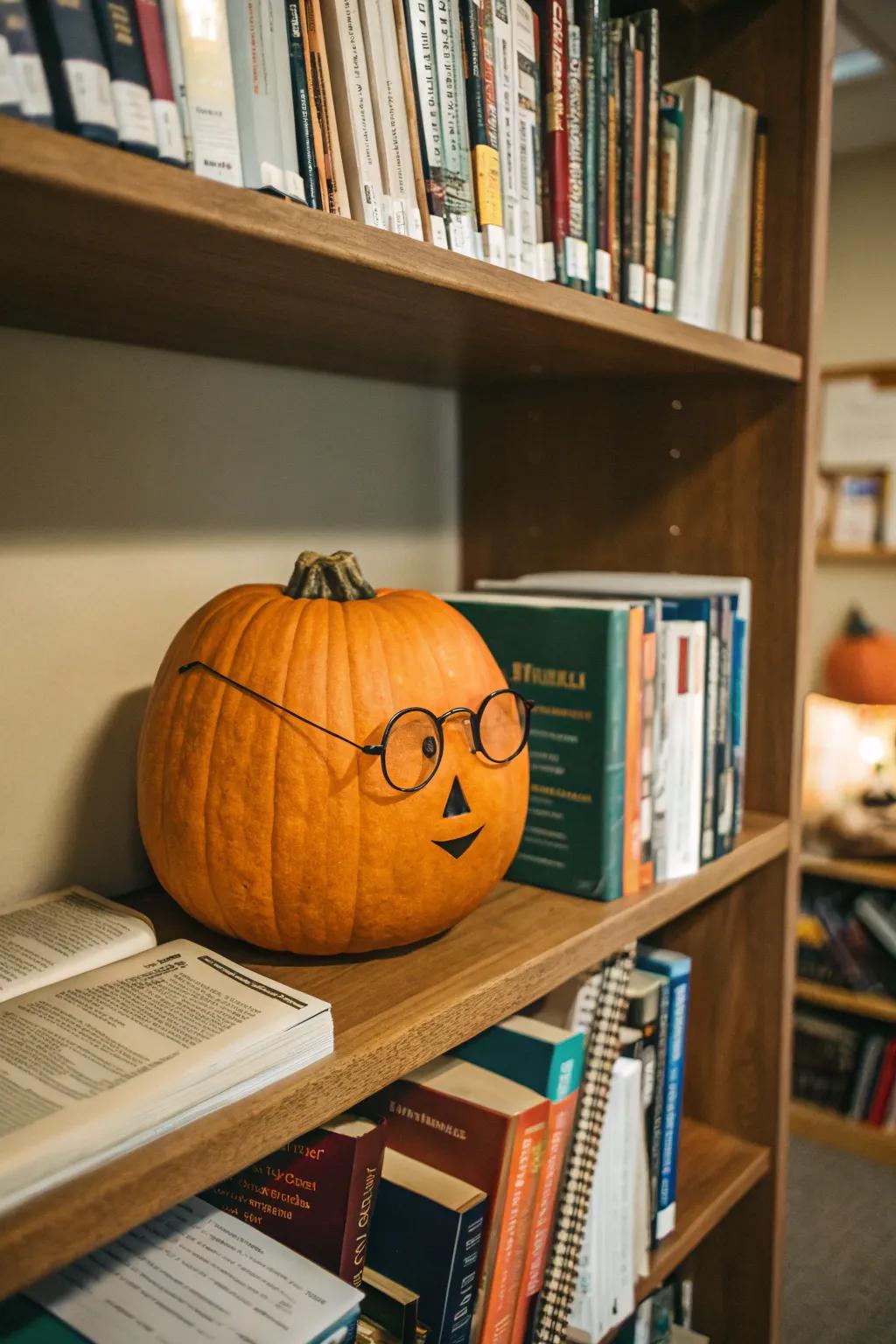 Eyeglasses give this pumpkin a scholarly appearance.