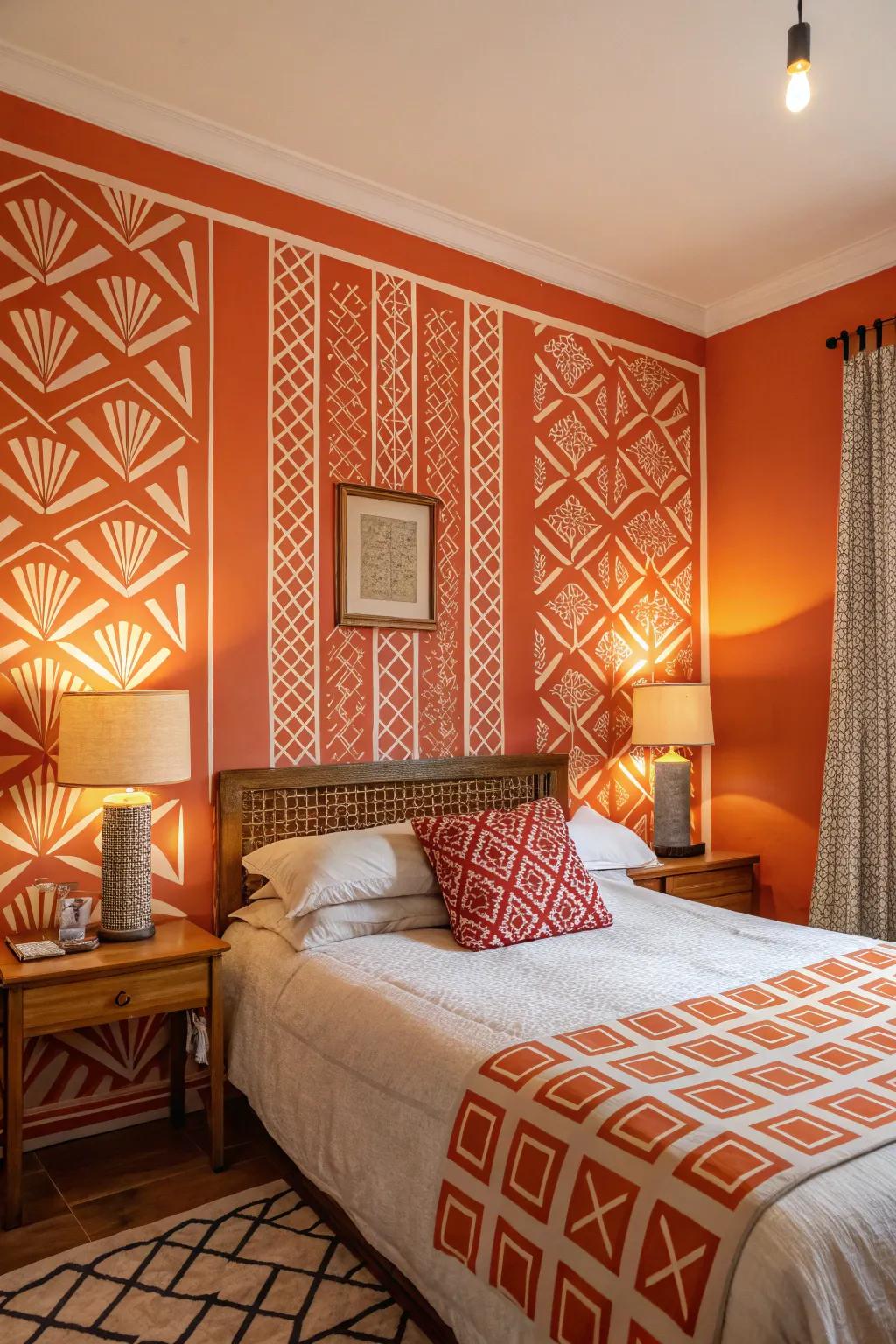 Geometric patterns add a modern twist to orange walls.