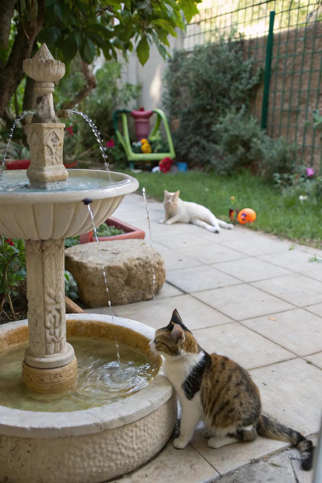 A soothing water feature adds tranquility and refreshment.