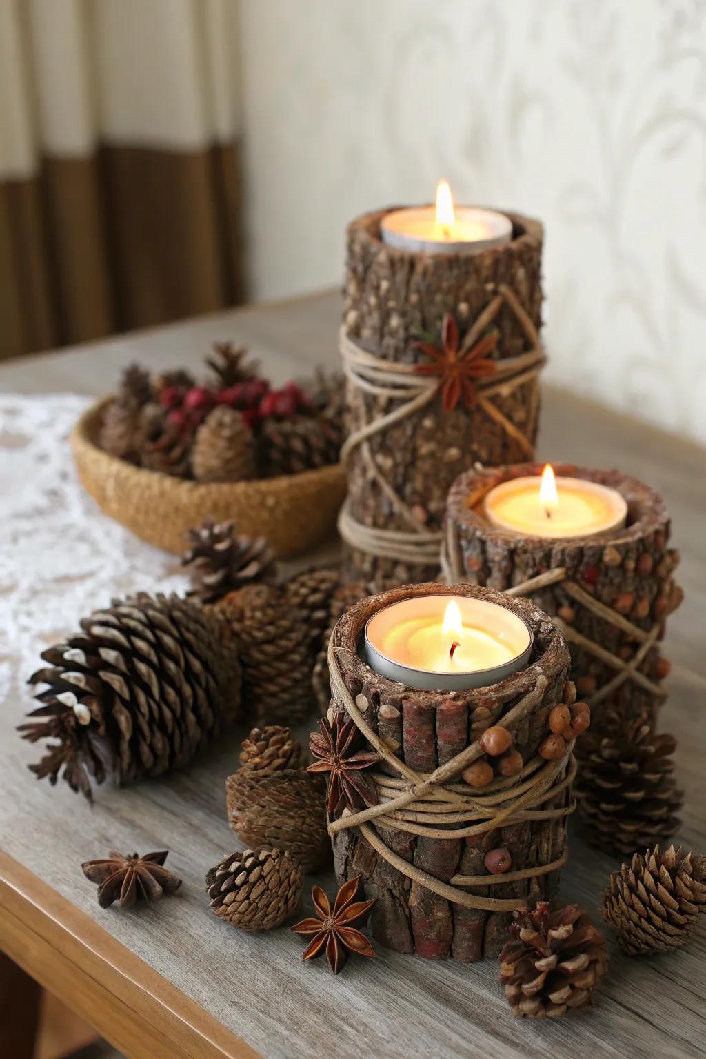 Pinecone and twig candle holders add a natural charm to the decor.