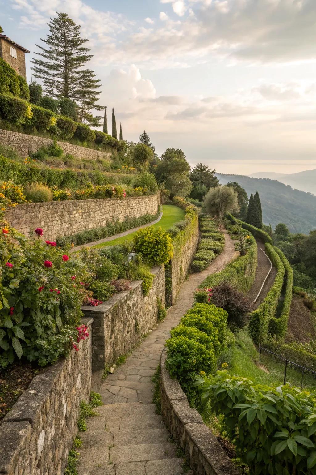 Retaining walls manage slopes while enhancing garden aesthetics.