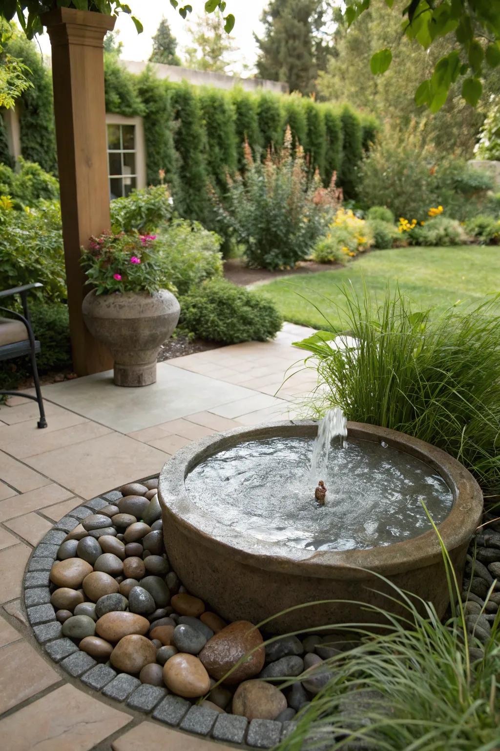 The gentle sound of a water feature adds tranquility to your patio.