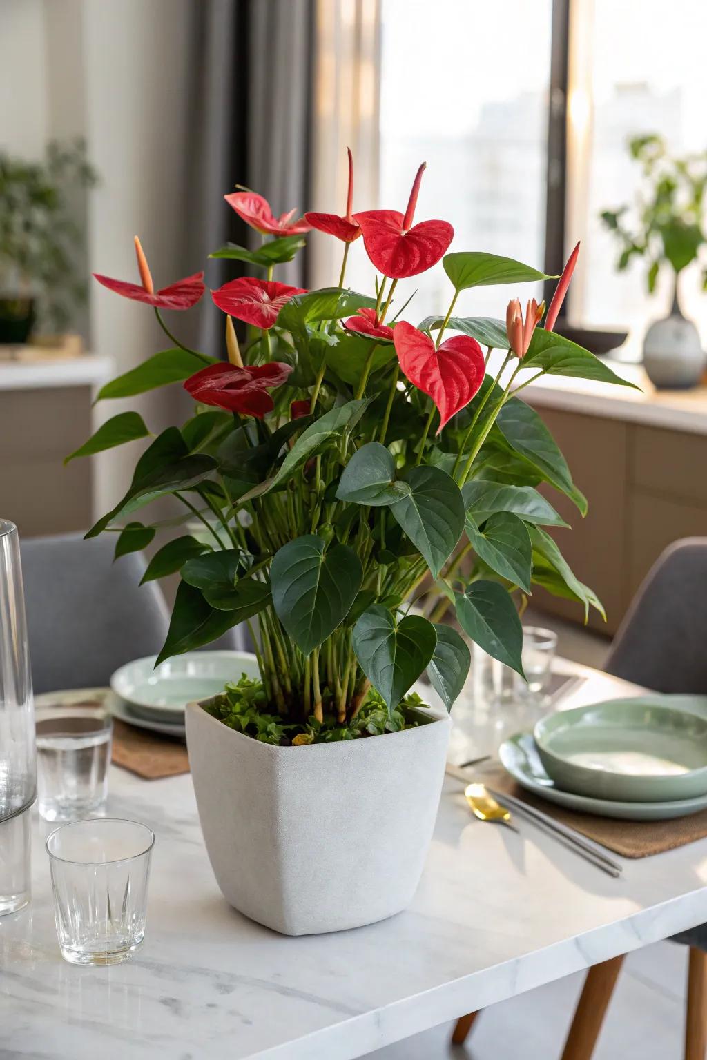 Luminous anthuriums, injecting a burst of color and jubilation into a mother's aesthetic.