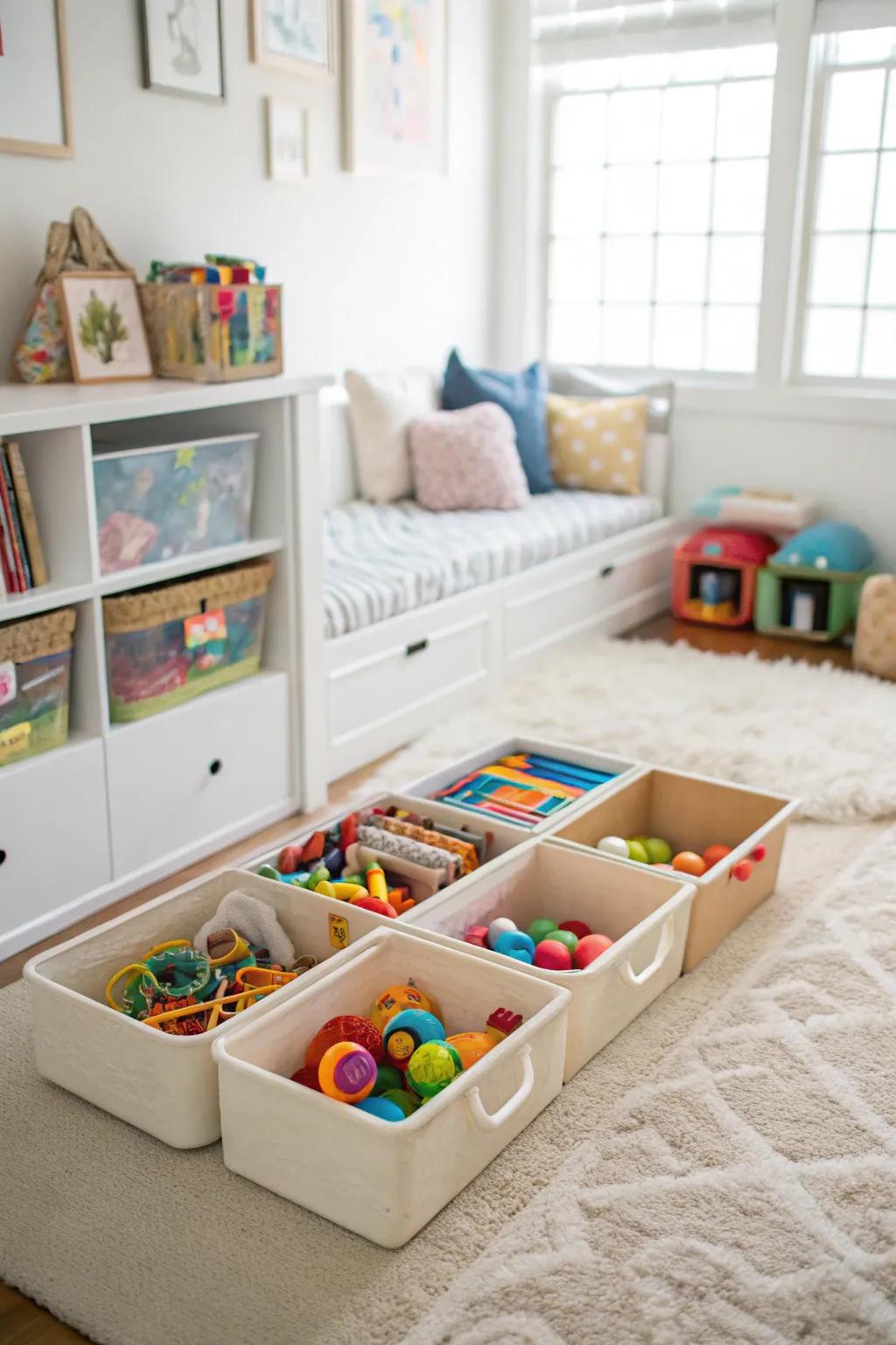 Under-bed storage bins filled with toys, maximizing space in the playroom.