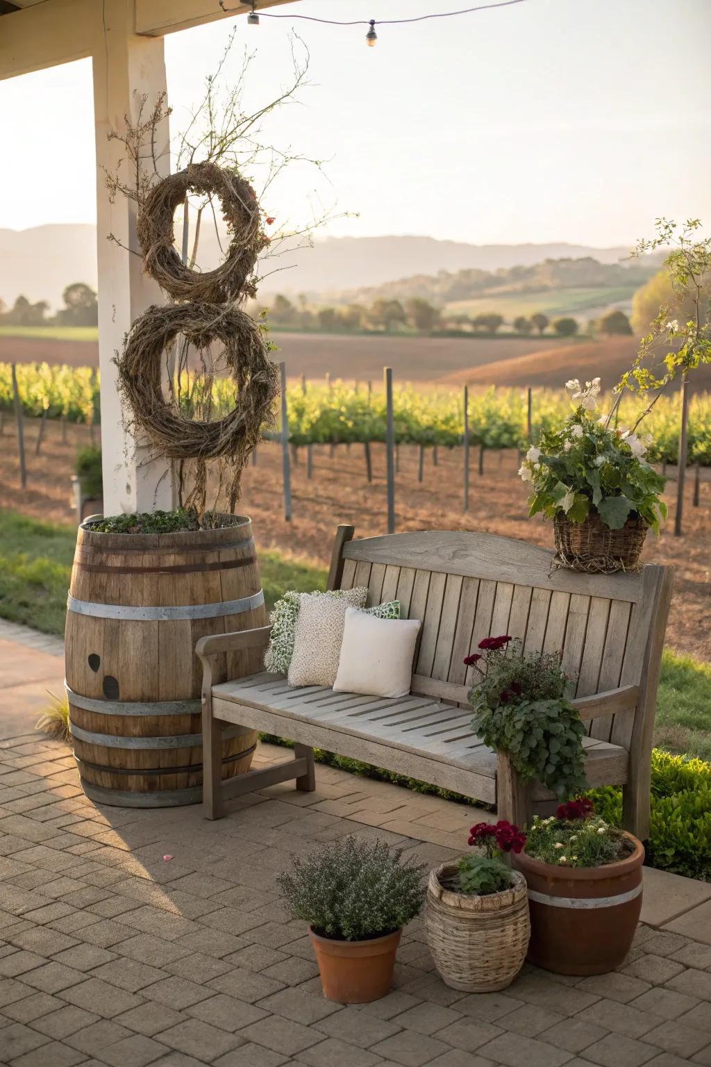 A wine barrel bench adds whimsy and charm to the porch.