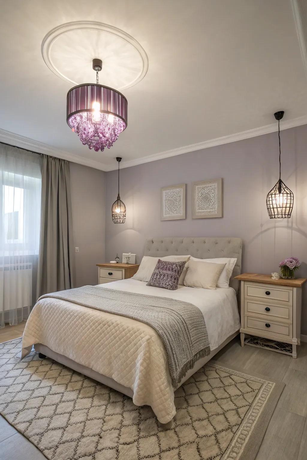 Lilac lighting adds a soft glow and inviting ambiance.