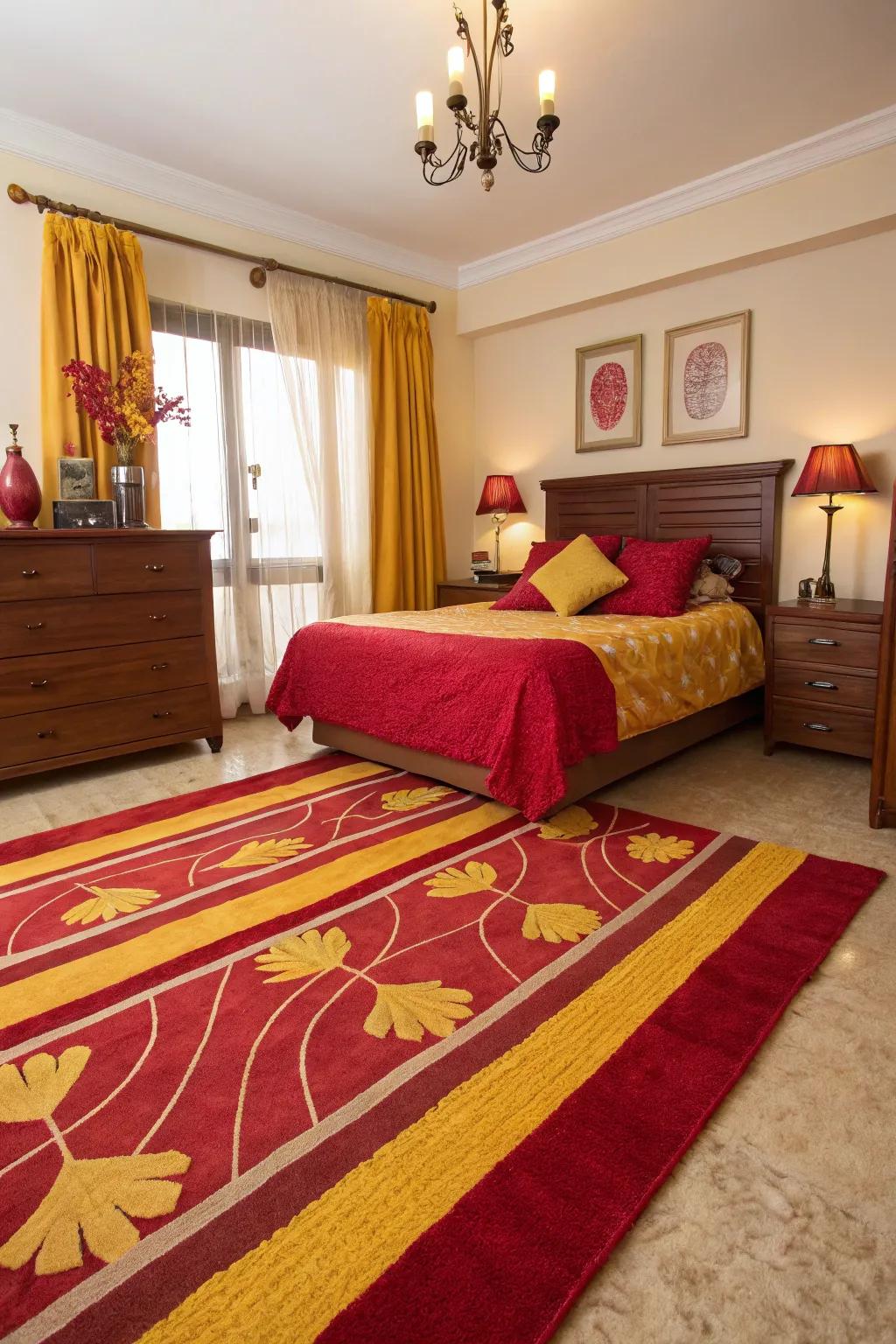A scarlet and gold rug ties the room's color scheme together beautifully.