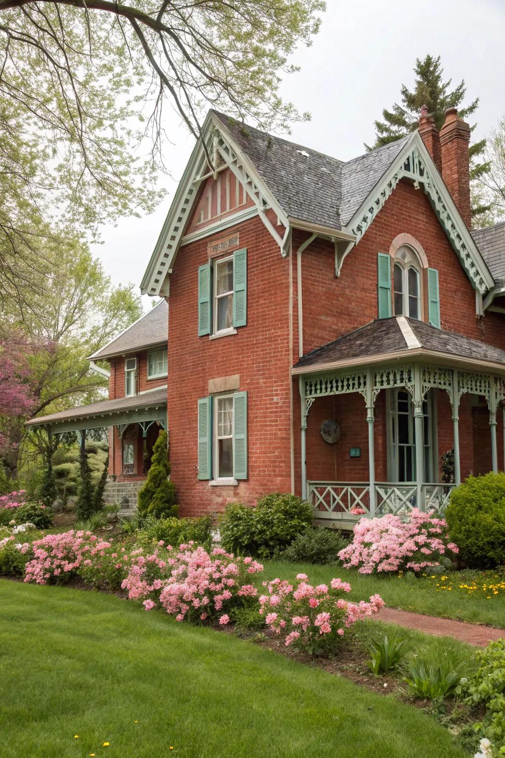 Muted-hue trim adds a gentle and fanciful touch to red brick exteriors.