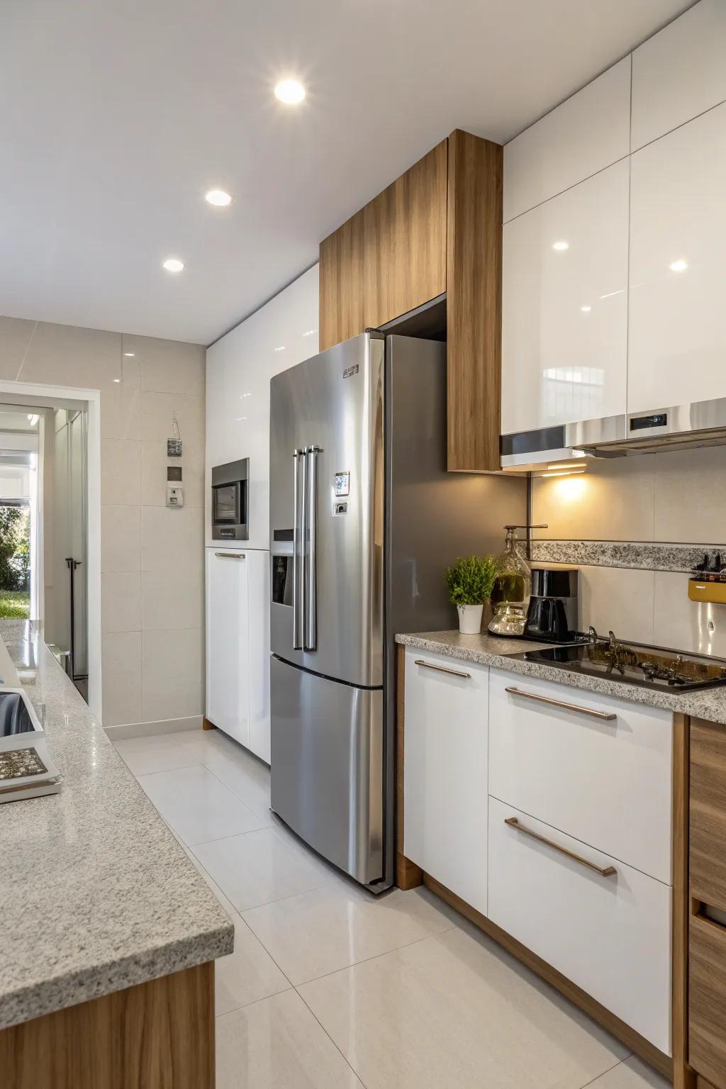 A modern kitchen featuring an energy-efficient refrigerator with eco-friendly features.