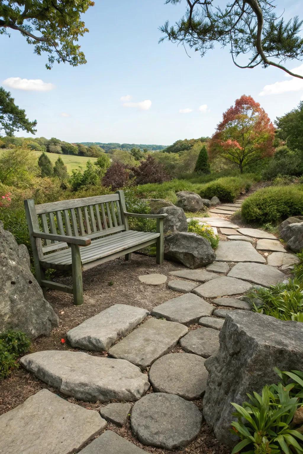 A peaceful seating area nestled in a rock garden.