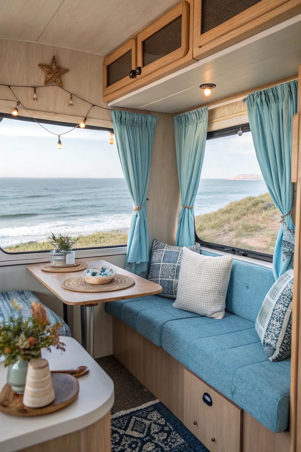 A coastal color scheme imparts a refreshing, relaxing vibe to this RV.