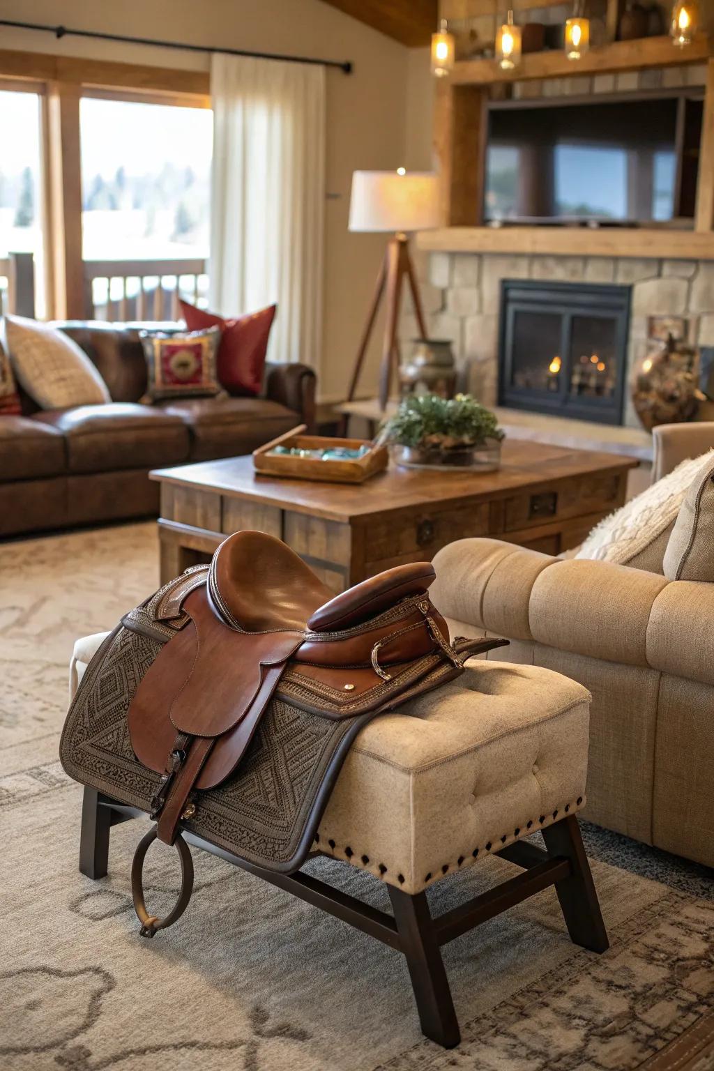 A saddle footstool adds a unique and comfortable touch to this living room.