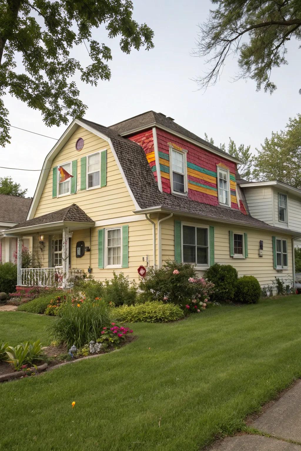 Home with a vibrant, colorful shed dormer.