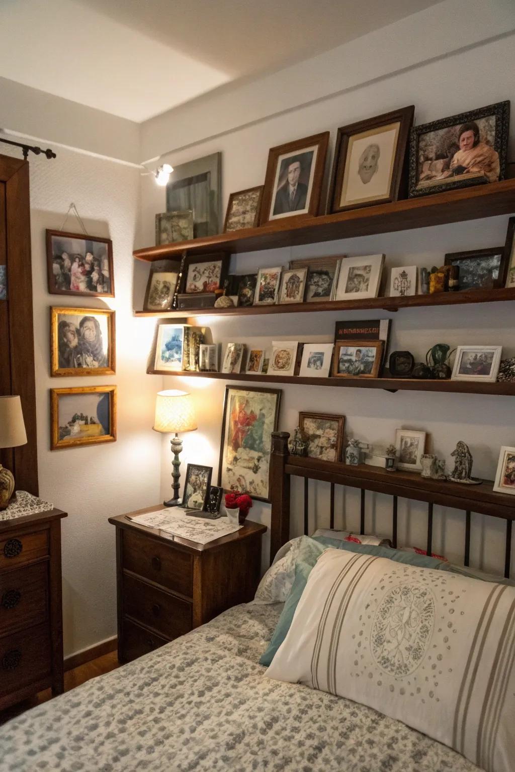 Personalized shelves with photos and memorabilia.