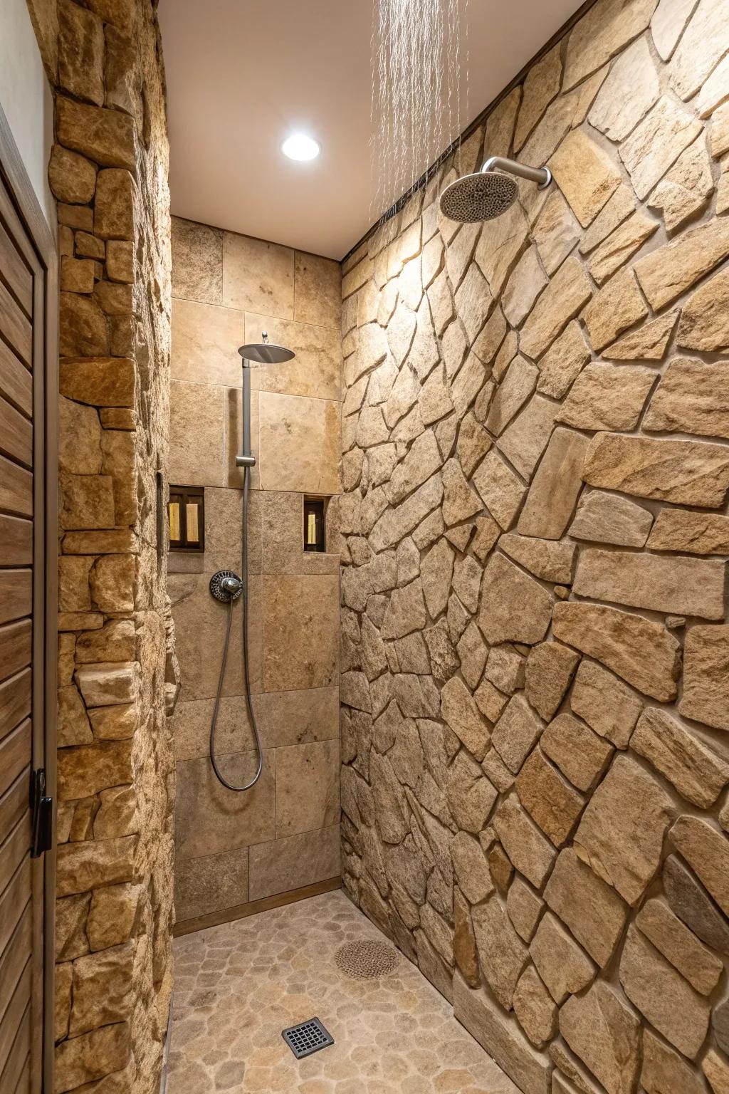 Textured walls adding depth and character to the shower stall.