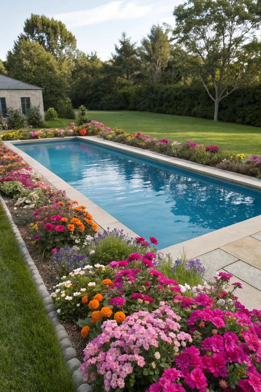 Colorful flower beds bring vibrancy and life to the pool area.