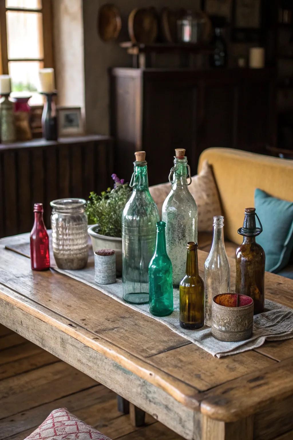 Vintage flasks adding character to a rustic table.