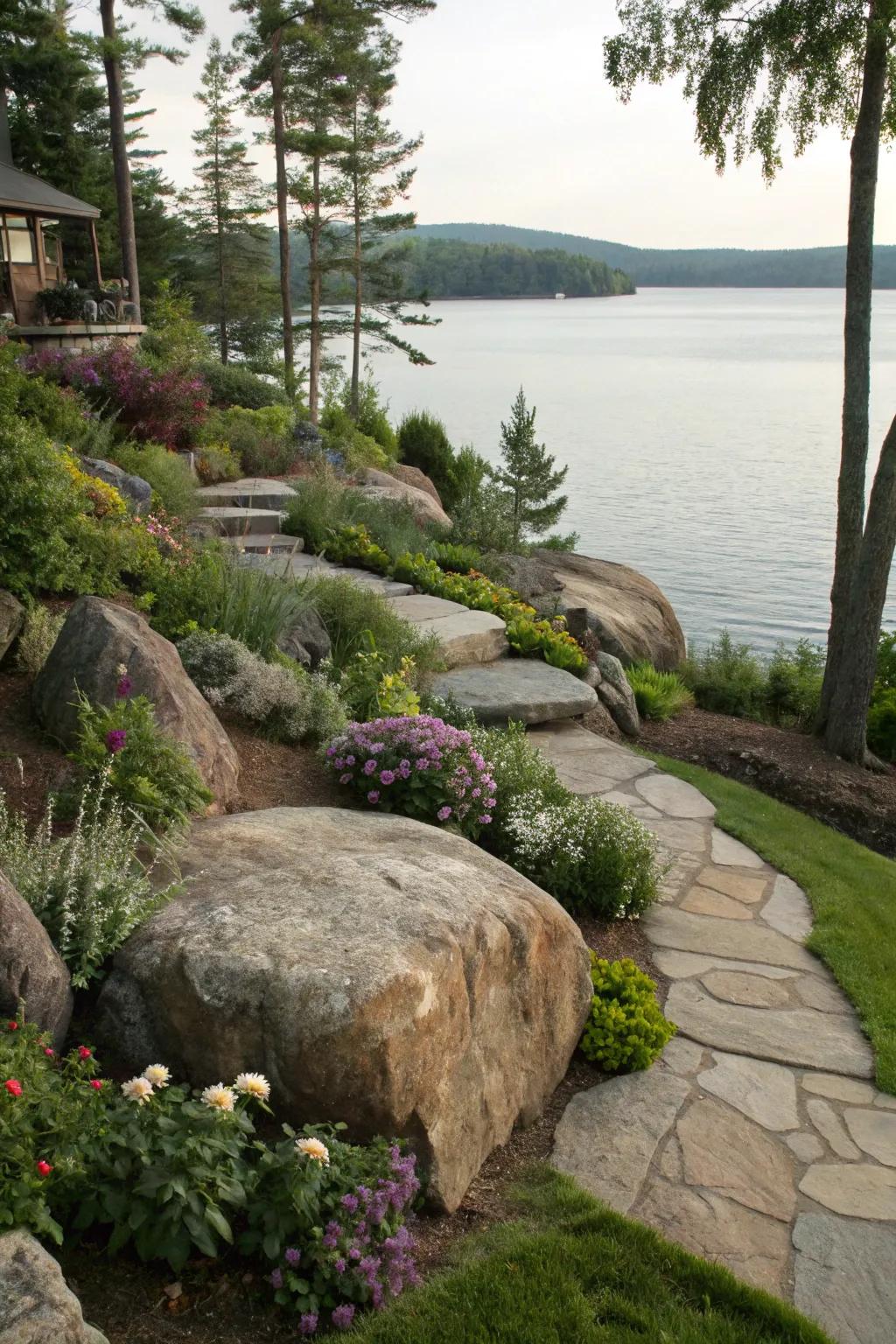 Boulders create a dramatic focal point in this sloped landscape.