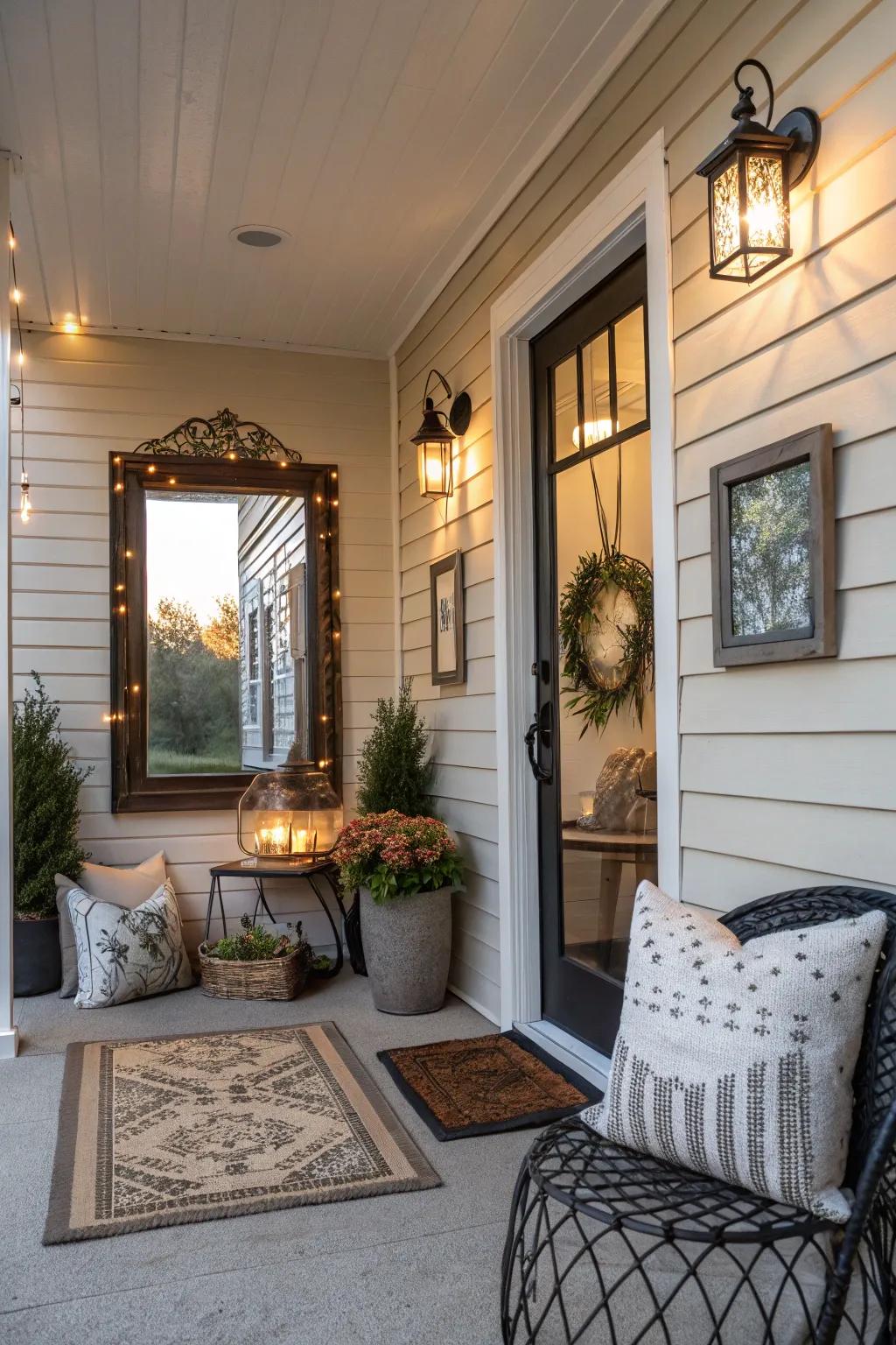 Indoor-style decor brings a homey feel to a small porch.