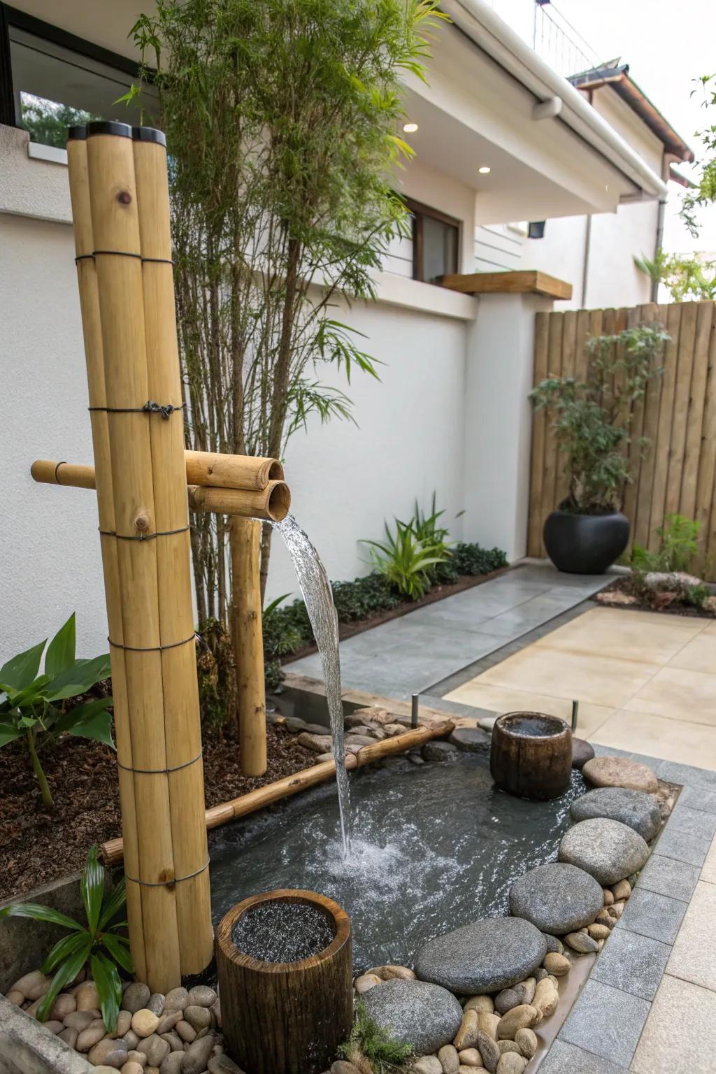 A bamboo waterfall brings tranquility and simplicity to your garden.