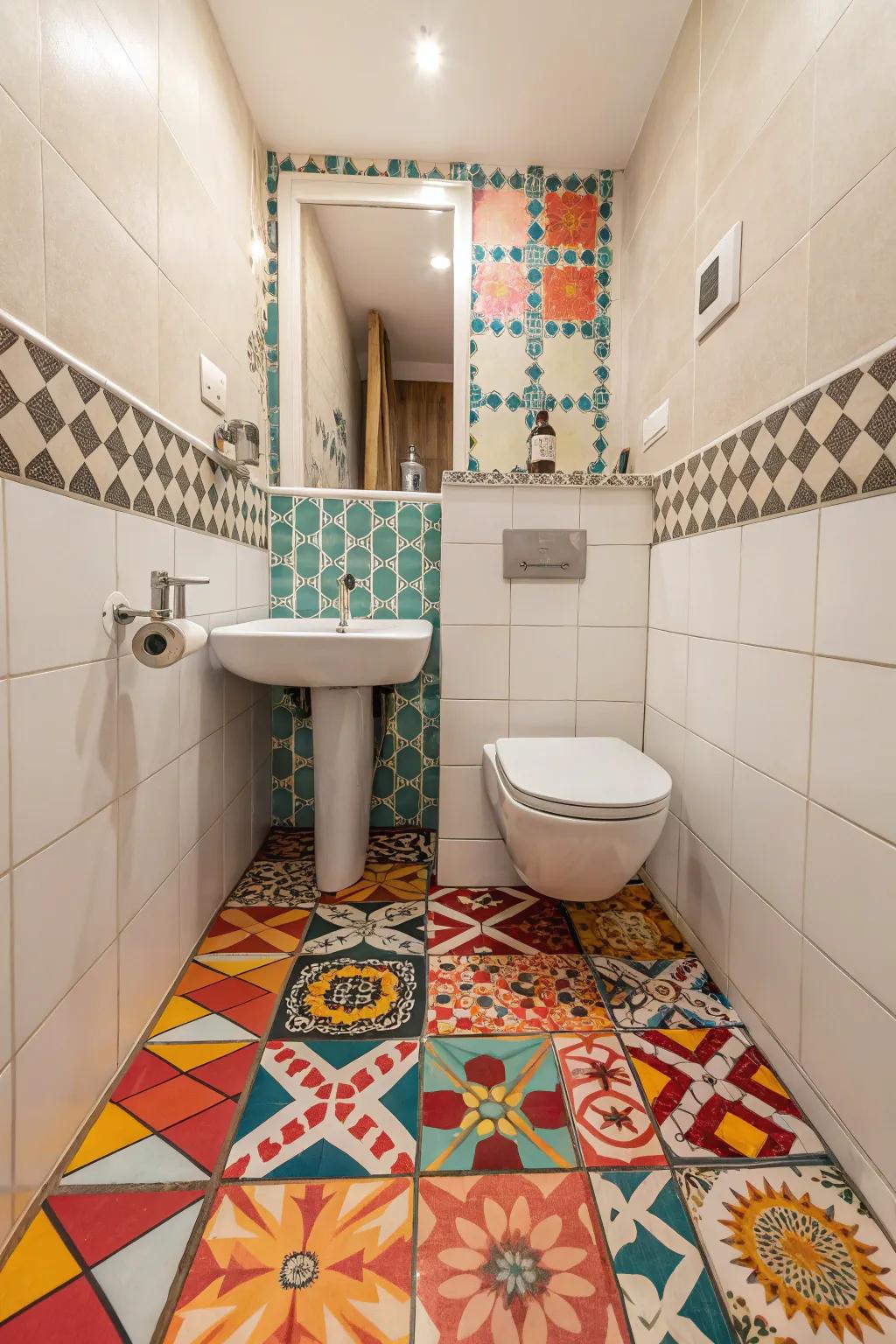 Statement tiles add character to a small bathroom.