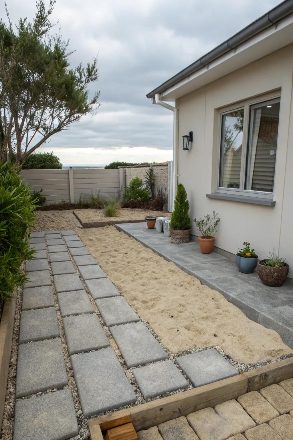 Sand infill provides a neat and cohesive patio surface.