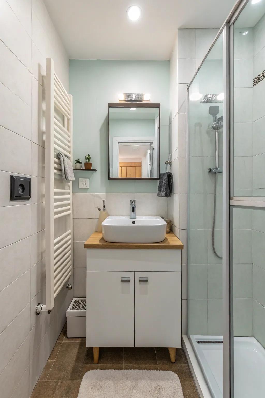 Minimalist design enhances a small bathroom's space and style.