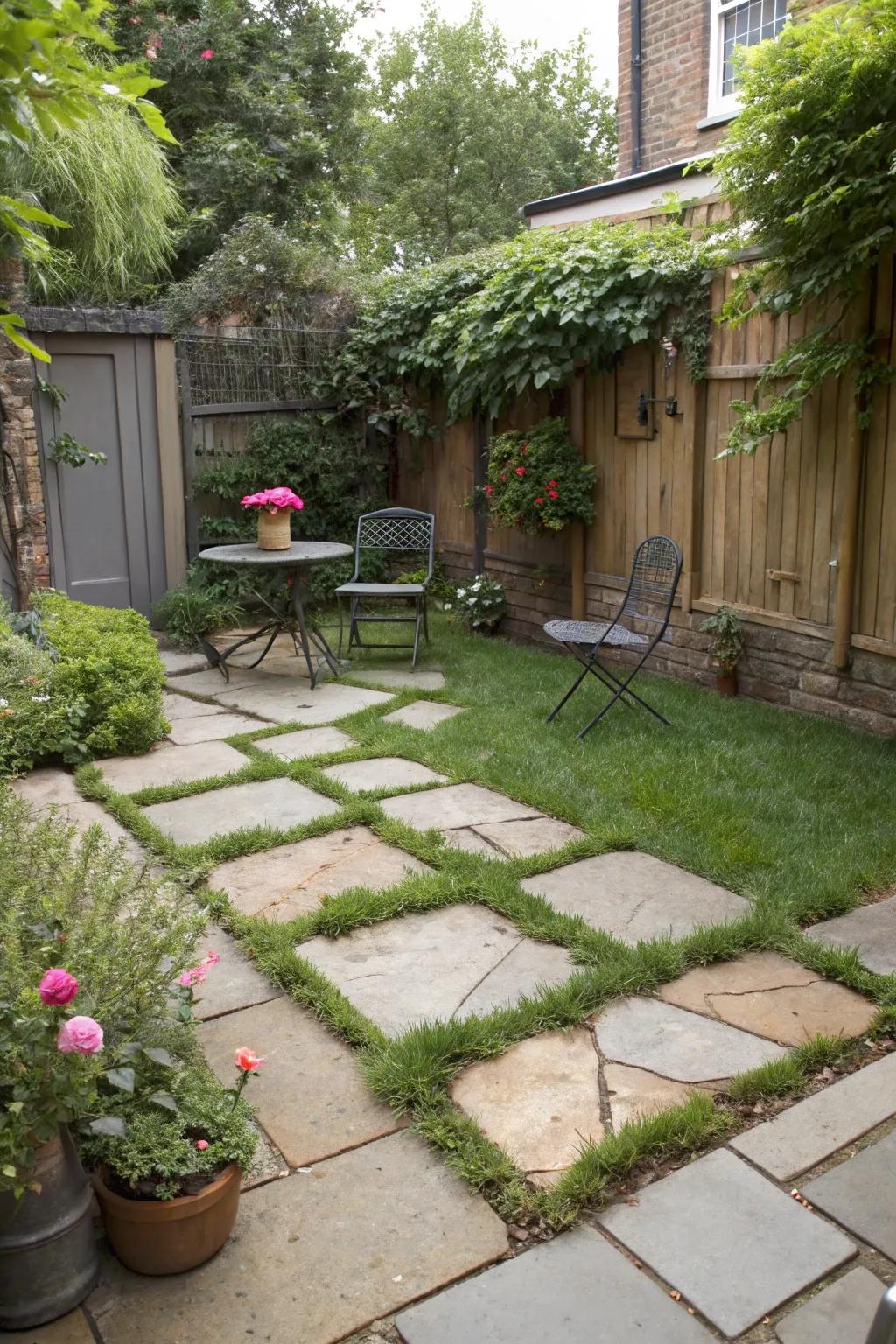 A small patio featuring a natural mix of pavers and grass.