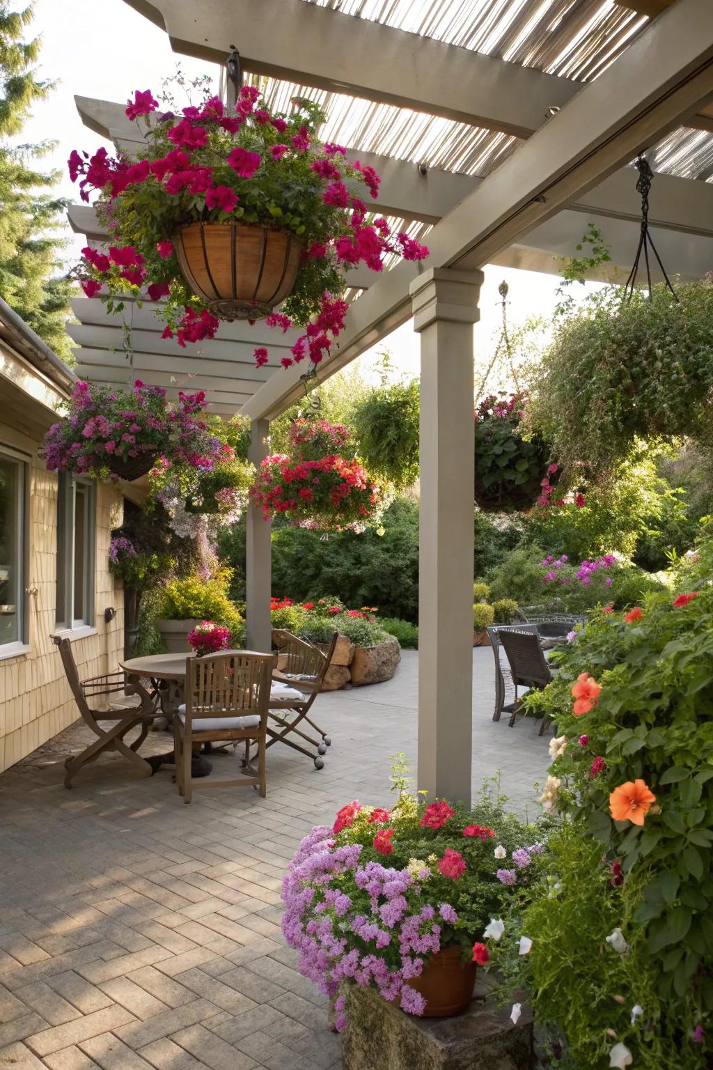 Hanging planters add a lush and colorful dimension to a small pergola.