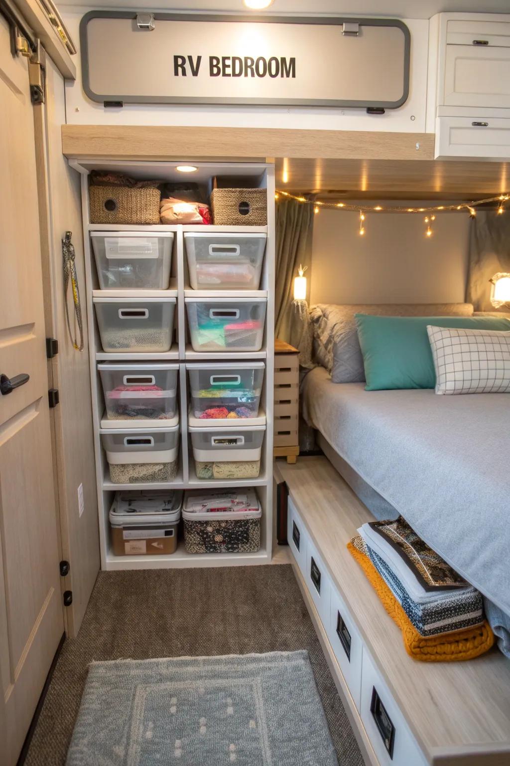 Under-bed storage solutions keep your RV bedroom organized and tidy.