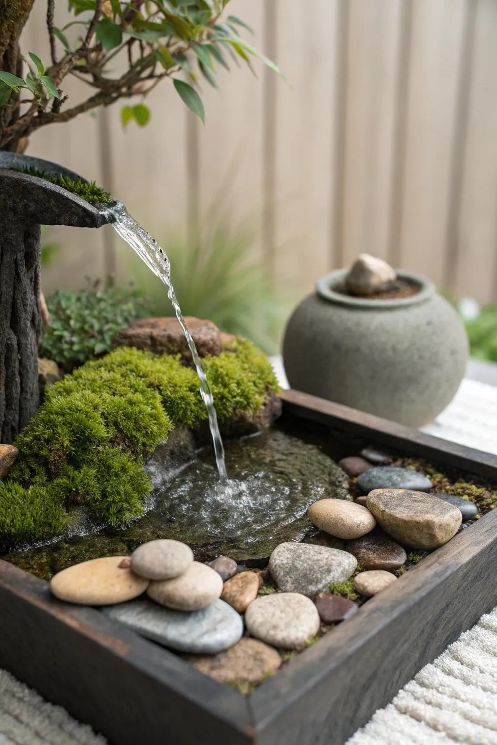 A serene miniature Zen garden enriched by a solar fountain.