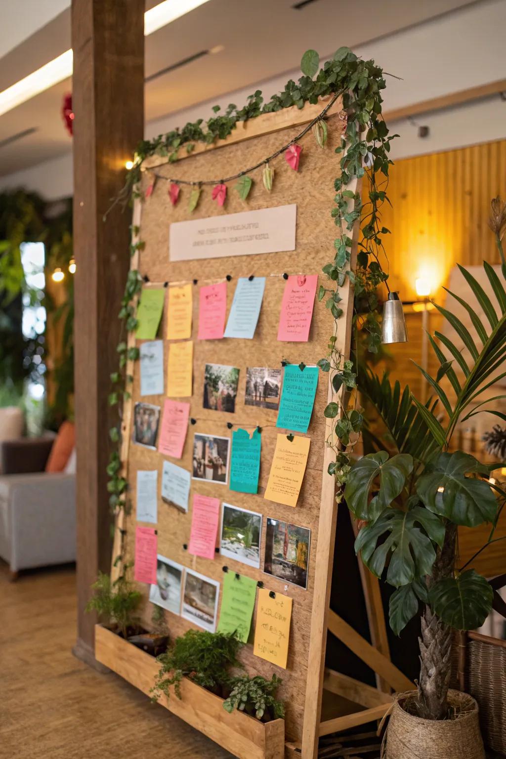 An eco-friendly bulletin board featuring recycled materials and natural elements.