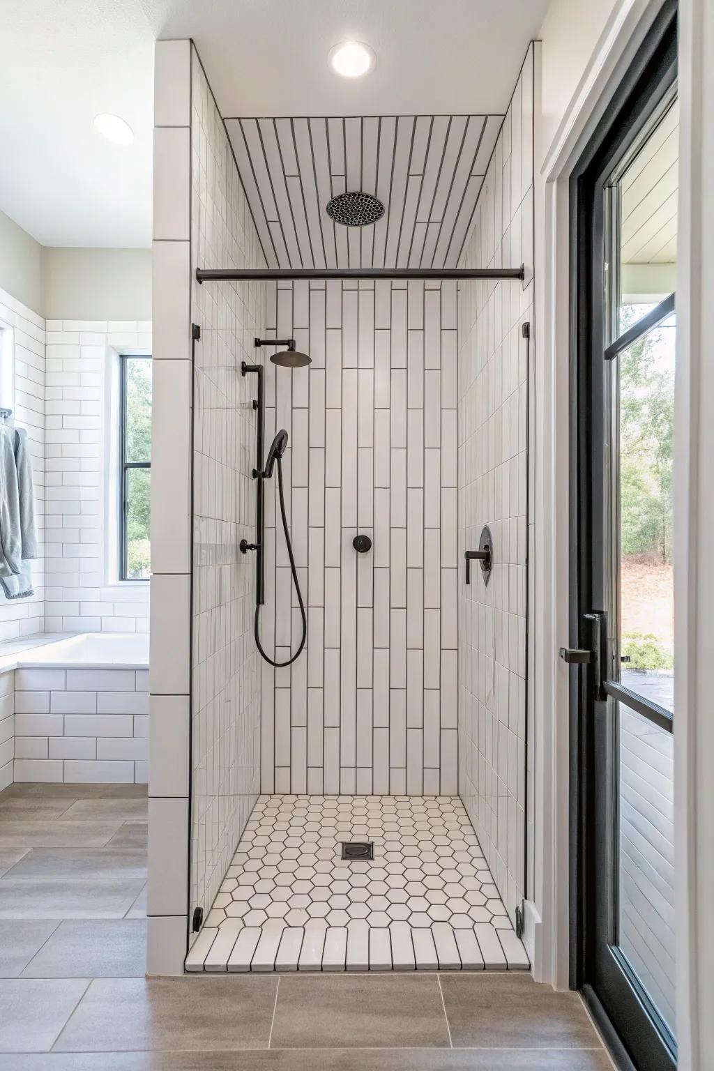 Vertical tiles make a standup shower appear taller and more spacious.