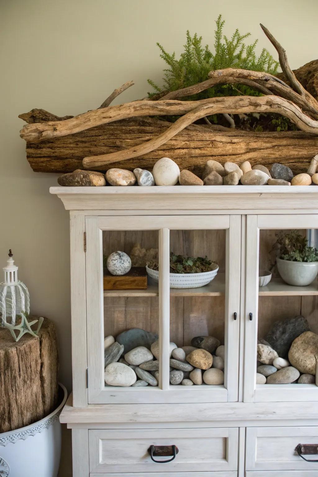 Natural elements like driftwood add an earthy feel.