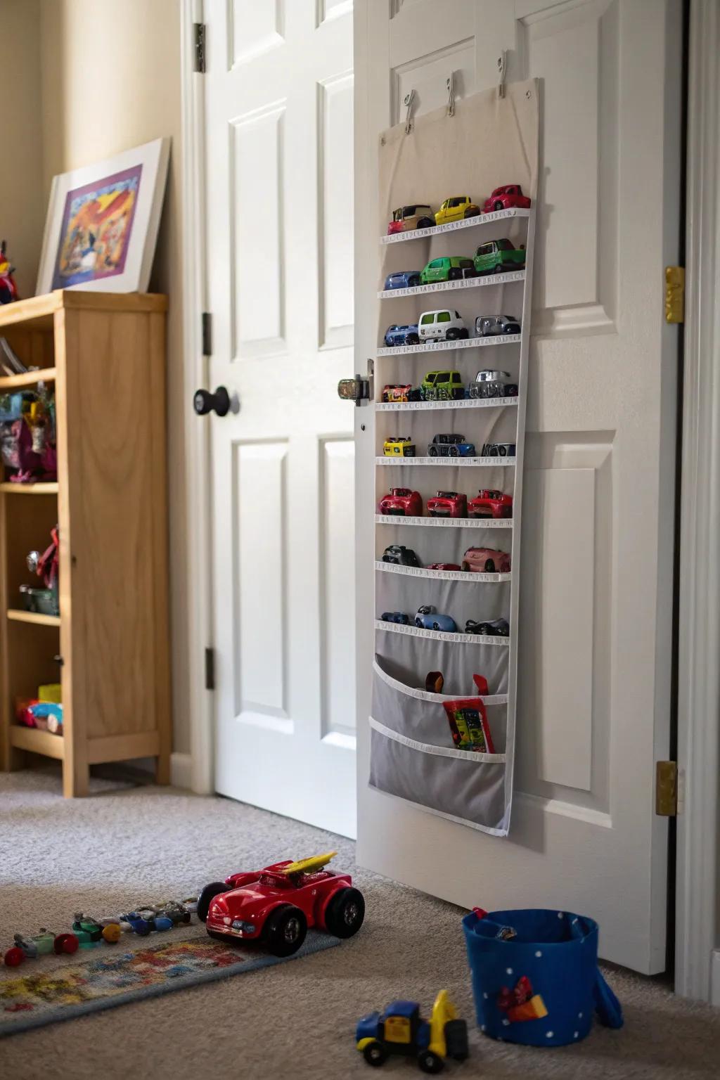 Hanging organizers keep small toys organized and accessible.