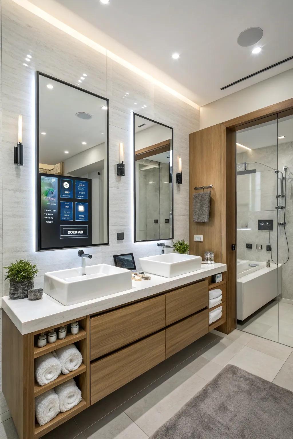 A modern bathroom vanity featuring integrated technology for enhanced functionality.