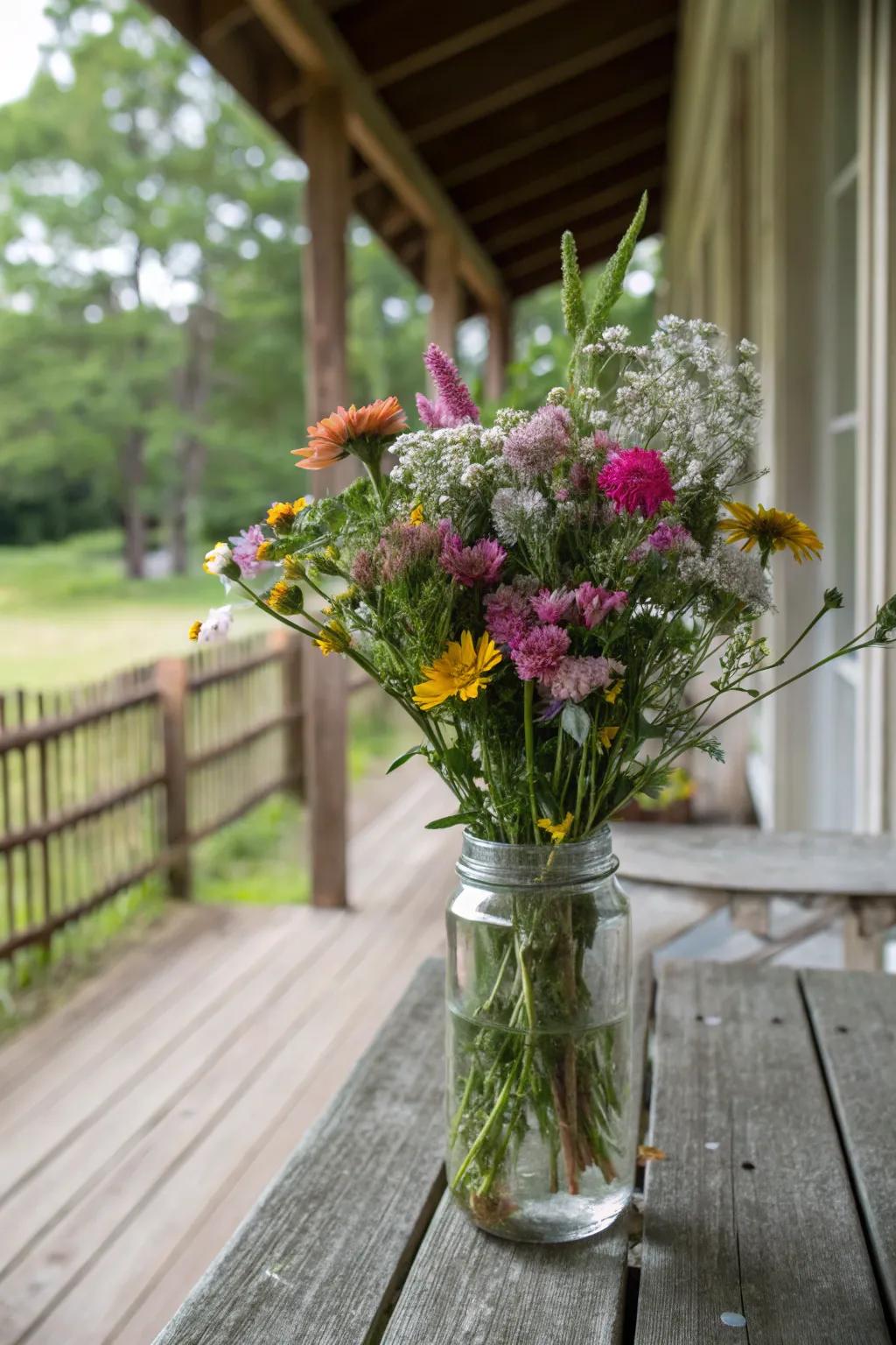 Country wildflower arrangement infusing a natural sensation into an expanse.
