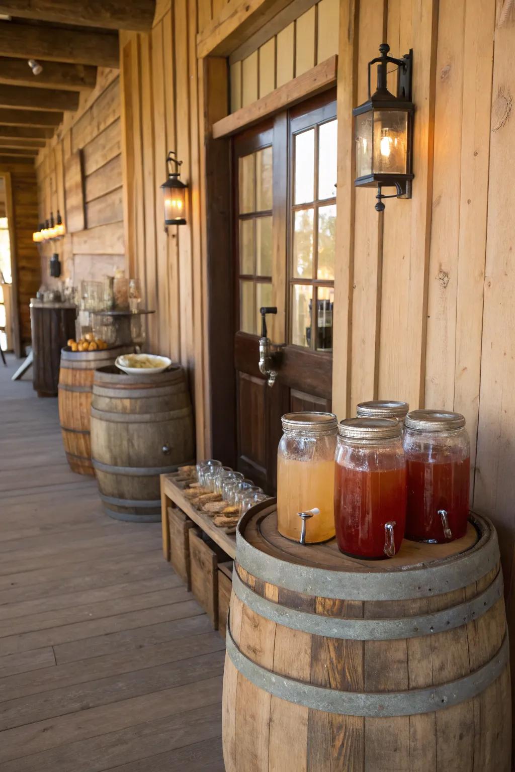 A saloon-style drink station adds an authentic touch.