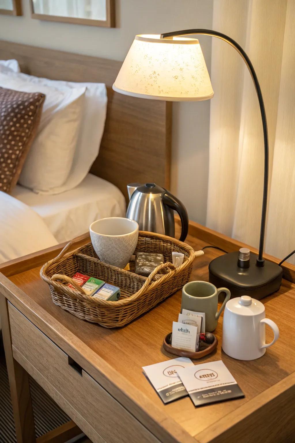 A personal tea-making station inspires a serene ambiance in your bedroom.