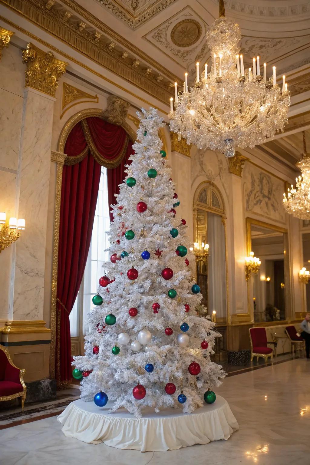 Glamorous gem tones on a white Christmas tree.