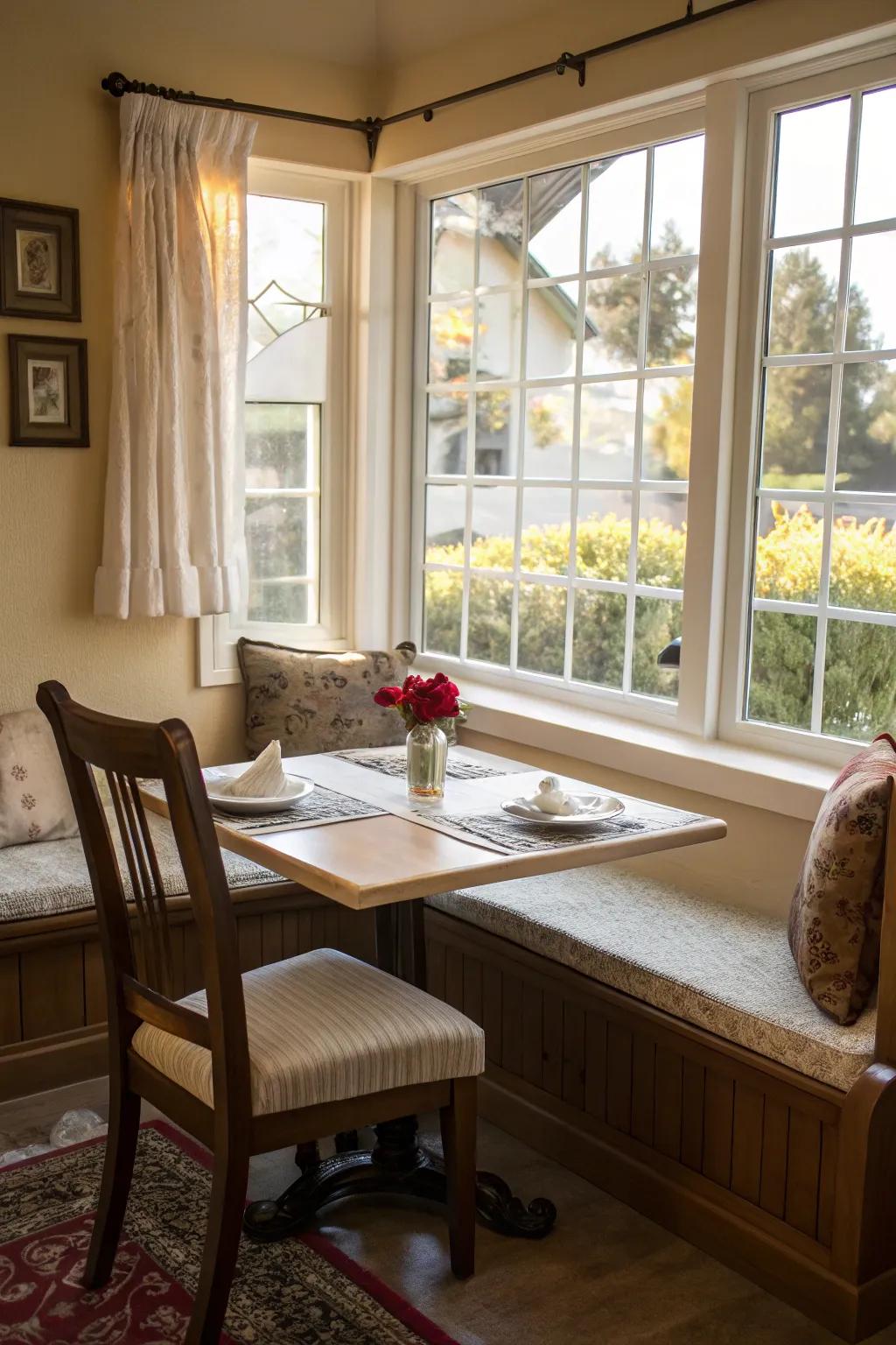 A window seat that seamlessly integrates into a dining space, offering a cozy dining experience.