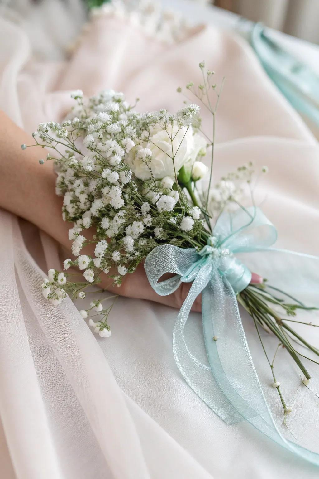 Ethereal wrist corsage with delicate baby's breath.