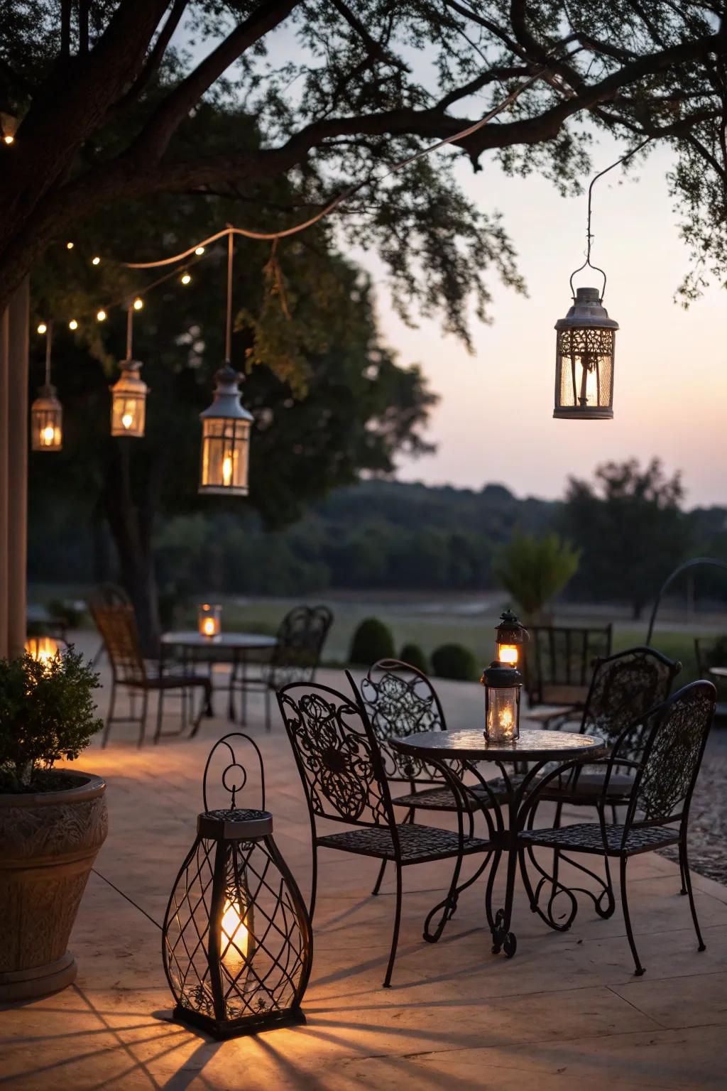 Hanging lanterns cast a magical glow over wrought iron seating.