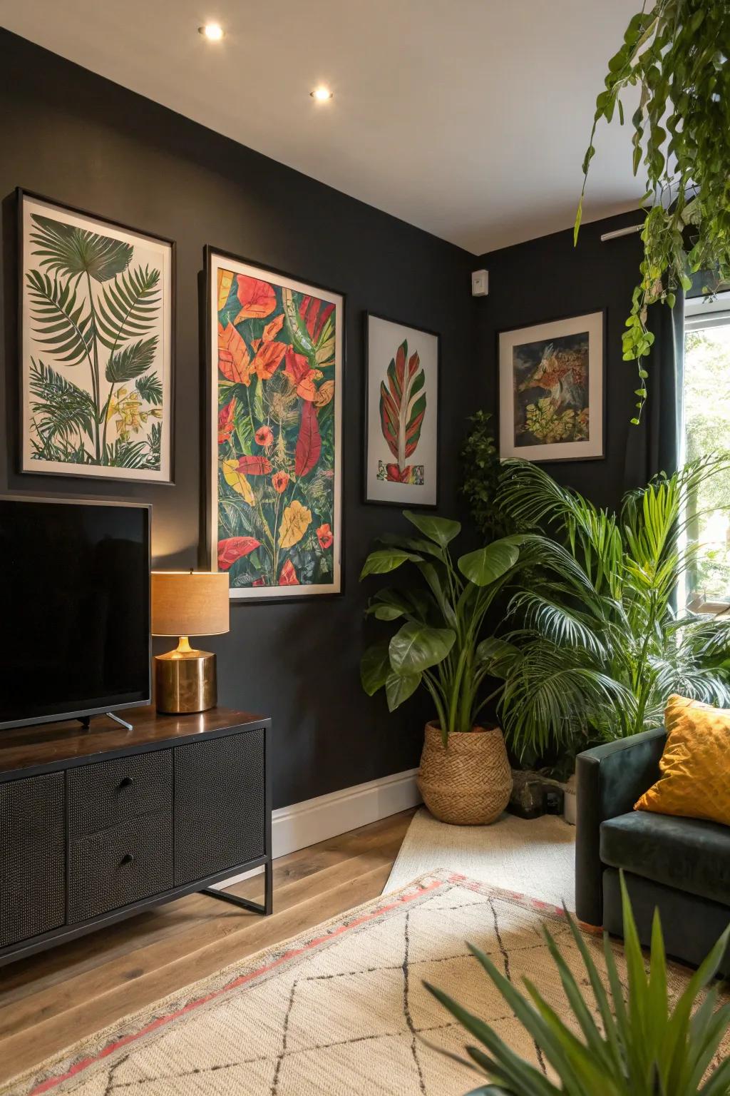 A bold living room with a striking black accent wall.