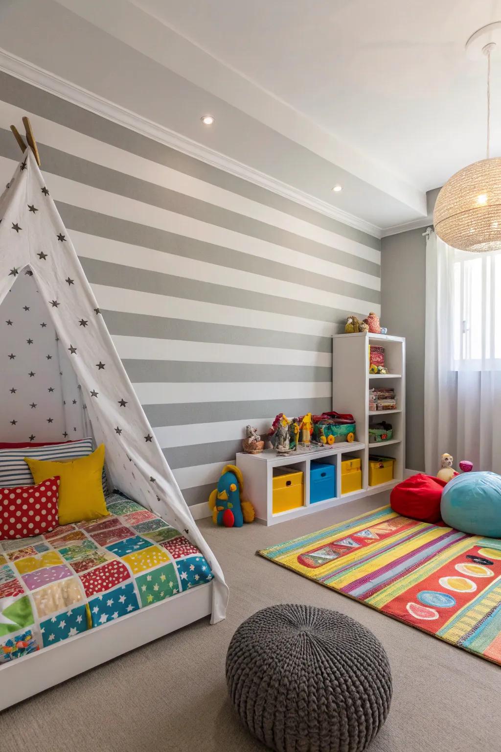 Stripes add dynamic energy to a child's room.