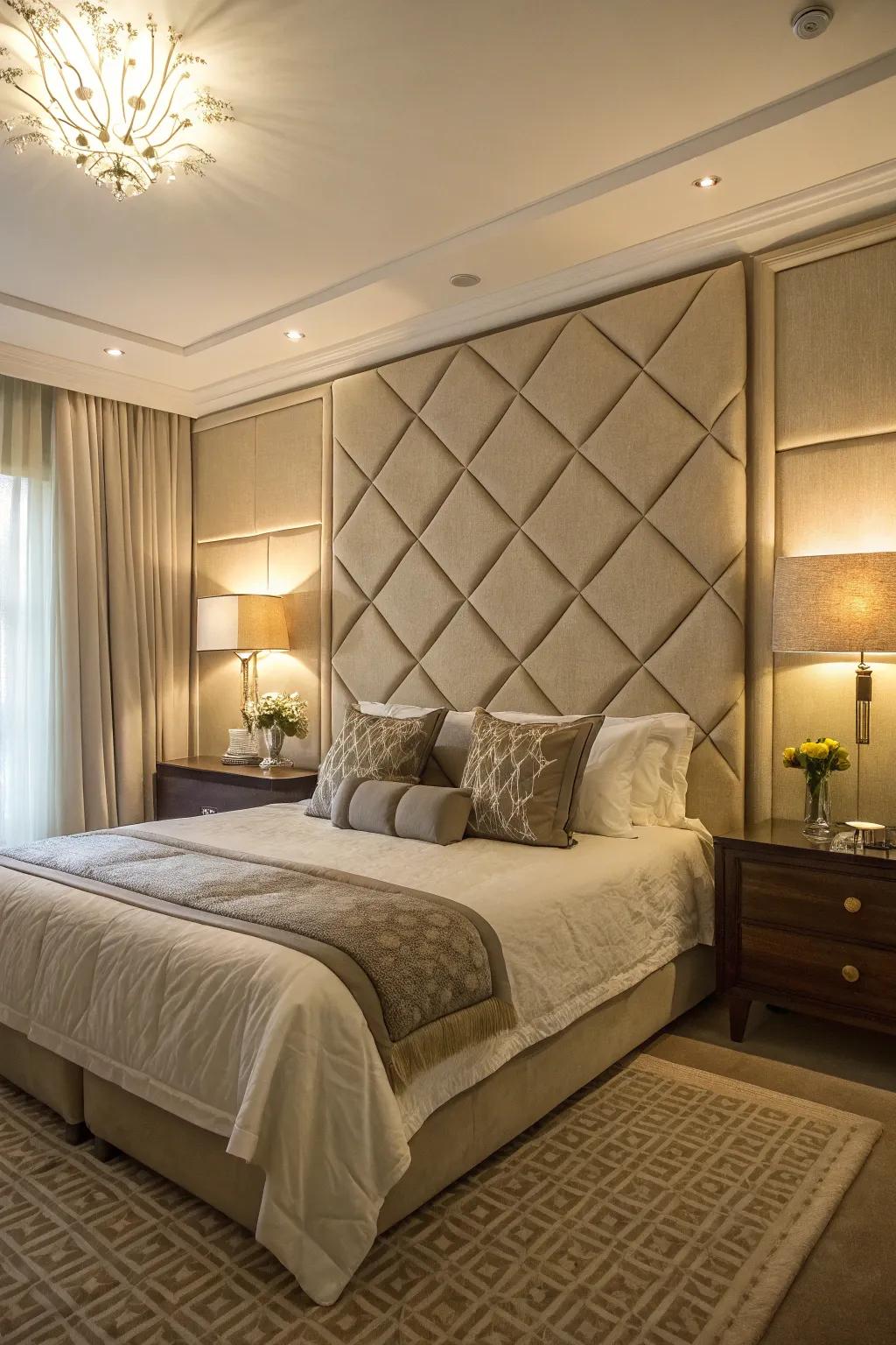 A bedroom with fabric-covered accent wall panels.