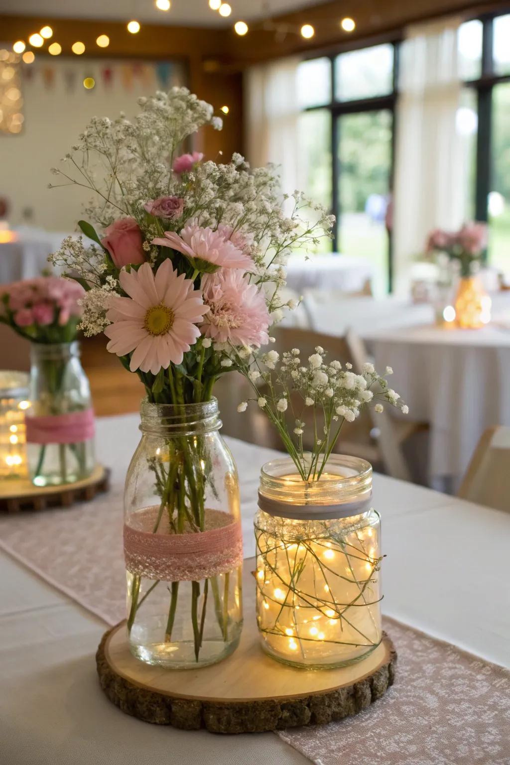 DIY centerpieces with mason jars and fairy lights create a charming table setting.