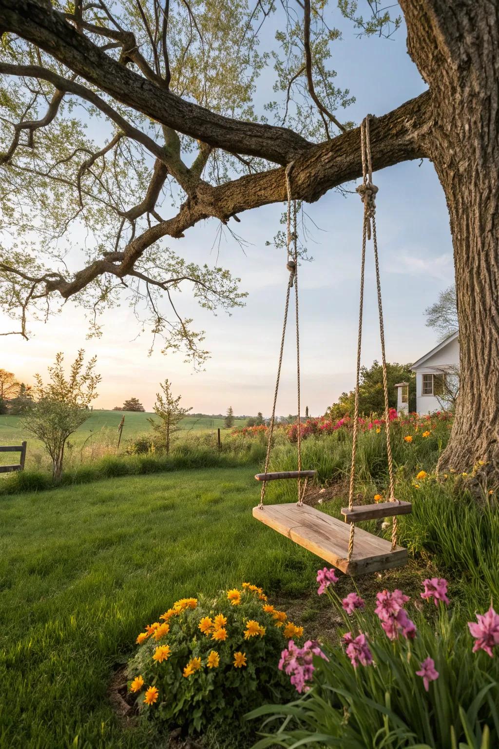 A rustic swing brings playful charm to your outdoor haven.